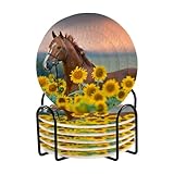 Red Stallion Bridle Portrait Sunflowers Coaster with Holder 6 Pcs Cup Coasters for Desk Absorbent Office Coaster