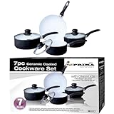 7 Pcs Prima Ceramic Coated Aluminium Black Cookware Set Non-Stick Saucepan with Glass Lid Pot Home Kitchen Chef Healthy Food Cooker Frying Pan Frypan 16|18|20|24cm UK Free P&P