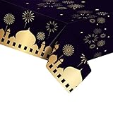 Black Eid Table Cloth Party Plastic Tablecloth,130*220cm Large Eid Ramadan Mubarak Tablecloth Waterproof Table Cover Moon&Star Rectangular Table Cover for Eid Ramadan Decorations Muslim Party Supplies