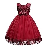 Discoball Girls Princess Dress,Tulle Bow Lace Embroidery Flower Girl Dress,Birthday Party Wedding Bridesmaid First Communion Girls' Dresses for 1-10 Years Red