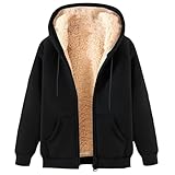 fleece women Womens Teddy Fleece Hoodies Sherpa Lined Fuzzy Sweatshirts with Pockets Full Zip Hooded Jacket Ladies Winter Warm Jumper Coat Outwear Thermal Outfits Black XXL