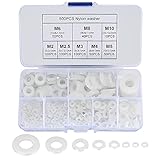 500 PCS White Nylon Washers, Round Plastic Flat O-Ring Washers Assortment, Faucet Gaskets for Pipes, Faucets, Mechanical Repairs - M2/M2.5/M3/M4/M5/M6/ M8/M10