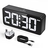 CHEREEKI Alarm Clock Bedside Mains Powered, Digital Clock with Large LED Display, Dual Alarm, Snooze, 10 Ringtones, 3 Alarm Schedule, Adjustable Brightness and Volume, USB Charging Port, 12/24H