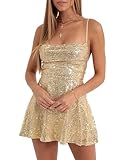 Fexofao Women's Sparkly Sequin Mini Dress Shiny Spaghetti Strap Short A-line Dress Backless Summer Clothes for Party Cocktail (Gold, S)
