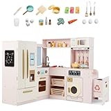 COSTWAY Kids Play Kitchen, Wooden Corner Pretend Kitchen with Lights & Sounds, Fridge, Ice Maker, Trash Can, 22 Accessories, Children's Chef Role Play Set for Boys Girls (Pink)