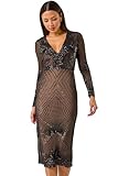 Ariella Sequin Starburst Embellished Midi Dress for Women UK - Ladies Everyday Autumn Winter V-Neckline Comfy Soft Evening Vacation Work Party Night Out - Black - Size 8