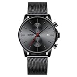Men's Watches Fashion Sport Quartz Analog Black Mesh Stainless Steel Waterproof Chronograph Wrist Watch Auto Date Hands Red/Blue/Gold…, A-red, Bracelet