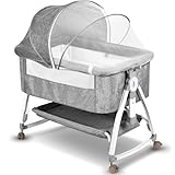 BJNN Next to Me Crib,3 in 1Baby Bedside Crib Foldable Baby Bed 6 Level Adjustable Bedside Bed Travel Cot with Storage Mosquito Net and Matress Included Portable Cribs for Newborn Infant
