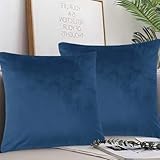 AMFUN Set of 2 Velvet Cushion Covers, Navy Blue 40 x 40 cm Luxury Velvet Square Throw Pillow Cases, Decorative Throw Pillowcases with Invisible Zipper, for Livingroom Sofa Bedroom