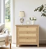 Hallowood Furniture Newquay Chest of Drawers, 3 Wooden Drawers with Rattan Front Light Oak Furniture for Bedroom, Living Room & Hallway, Multifunctional Oak Dresser Storage Unit