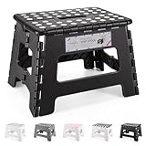 HOUSE DAY Folding Step Stool 9 Inch, Sturdy Foldable Stool with Carry Handle, Collapsible Step with Non-Slip Surface for Kids And Adults, Portable & Compact Design for Kitchen, Bathroom, Camping-Black