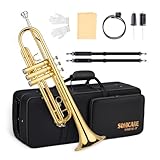 SONICAKE Bb Standard Trumpet Set with Hard Case for Beginner, Brass Student Trumpet Instrument, include Cleaning Kit, 7C Mouthpiece and Gloves, Golden QTP-01