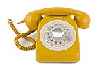 GPO 746 Rotary 1970s-Style Retro Landline Telephone, Classic Telephone with Ringer On/Off Switch, Curly Cord, Authentic Bell Ring for Home, Hotels- Mustard