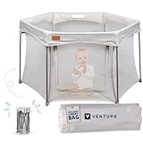 Venture All Stars Joy Award-Winning Foldable Baby Playpen – Large, Portable Play Pen for Babies & Toddlers, Breathable Mesh & Fitted Mat, Easy to Set Up, Includes Travel Bag - Silver (6-36 Months)
