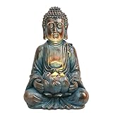 TERESA'S COLLECTIONS Garden Ornaments Outdoor, Bronze Meditating Buddha Statue with Solar Lights Lotus, Waterproof Resin Zen Ornaments, Indoor Outdoor 18CM