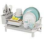 Housekeeper Small White Dish Drainer Rack with Drip Tray – Compact Stainless Steel Drying Rack for 1–2 People, Utensil Holder, Swivel Drain Spout, Space-Saving Sink Organiser