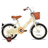 STITCH Vintage 14 inch kids bike for 3-5 years girls, 14 inch girls bike with stabliser and basket, beige