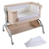 COSTWAY Baby Bedside Crib, Heights Adjustable Bassinet with Mattress, Mosquito Net, Lockable Wheels, Storage Basket, Newborn Bedside Sleeper for Birth to 9kg (Beige)