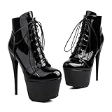 Ceciloroda 15.5cm Ultra-High Stiletto Heels Pole Dance Shoes Platform Booties Lace up Ankle Boots Stripper Heels for Women Exotic Patent Black Size 38
