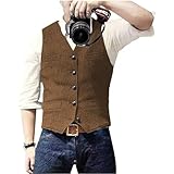 Mens Vintage Waistcoat Tweed Wool Regular Fit Suit Vest for Wedding Groomsmen(Brown,XL)