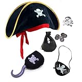 AYNKH 5 Pcs Pirate Captain Costume Accessories Set, Pirate Hat, Skull Eye Mask, Pirate Cloth Hook, Black Money Bag, Pirate Ring, Halloween Party Supplies Pirate Costume for Kids Adults Boys Girls
