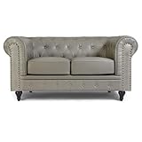 Bravich Leather Chesterfield Sofa- Grey. 2 Seater Settee, Faux Bonded Leather Vintage Couch. Living Room Furniture, Easy Clean. 2 Seater- 160cm x 90cm x 78cm