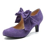 omthaka Women's Bow Mary Jane Kitten Heel Round Toe Low Heels Ankle Strap Dress Evening Party Pumps, Purple, 7 UK