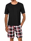 Uniexcosm Mens Short Pyjamas Set Classic Plaid Sleepwear T-Shirt Top with Shorts Bottoms Cotton Pjs Set Loungewear Summer A-Black L
