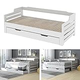 Merax Daybed Frames 3FT Single Bed mit Storage, Pull out Trundle Wooden Bed with Drawer for Children Adults, for Living Room and Bedroom, 90 x190 cm, White