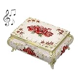 SUMNACON Metal Music Box Musical Jewelry Case Keepsake Case, Vintage Music Organizer Rose Embossed Musical Box for Christmas, Birthday, Valentines Day (Tune:You Are My Sunshine, Beige Red)