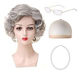 SDXCJY 4 Piece Old Lady Short Curly Grey Wig Cap Pearl Necklace Glasses with Accessories Kit,Short Curly Layered Wig for Cosplay Party Halloween Costume Wig. (Grey)