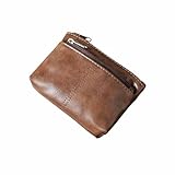 Oil-Wax Leather Front and Back Zipper Coin Purse, Portable Change and Credit Card Storage Bag, Unisex, wear-Resistant and Durable, Soft to The Touch (Brown)