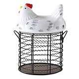Allayu Vintage Ceramic Egg Basket Farmhouse Wire Chicken Fruits Organizer Vintage Wire Egg Storage Basket With Lid Holder, type+1