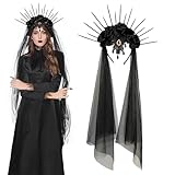 Gothic Flower Headband Black Veil Ghost Bride Fancy Dress Rose Flower Crown Hairband Long Veil Cosplay Wedding Headpiece Fascinator Headwear Halloween Costume Floral Hair Accessories for Women