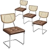 Yaheetech Dining Chairs Set of 4 Mid-century Rattan Faux Leather Kitchen Chairs with Upholstered Seat for Kitchen, Dining Room, Living Room, Retro Brown