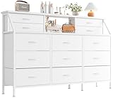 MUTUN Dresser for Bedroom with 13 Drawers, 55” Wide Chest of Drawers, Fabric Dresser with 2 Wooden Shelves, Storage Organizer Unit with Fabric Bins for Bedroom, Living Room, Hallway, White