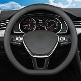 SZYUCHEN D-Shaped Steering Wheel Cover for Volkswagen VW Atlas Tiguan Jetta ID.4 Passat Taos Golf Beetle Polo GTI Touareg CC SEL SE R-line S Cross Sport Car Accessories, 14.5-15 inch Black