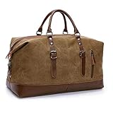TILEMALL Oversized Canvas Holdall Travel Carry On Duffel Bags Plus Handbag Shoulder Bag Crossbody Overnight Weekend Bag Unisex Travel Holdall Handbag with PU Leather Handle (Coffee)