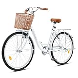 Viribus Vintage Ladies Bike with Basket, 26 Inch Girl’s Dutch Style City Bicycle with Carbon Steel Frame, Dual V Brakes, Single Speed Women’s Comfort Bike with Adjustable Seat & Handlebars, White