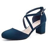 Greatonu Womens Court Shoes Mid Heel Chunky Dress Sandals Ladies Ankle Strap Wedding Party Pumps Blue Size 7