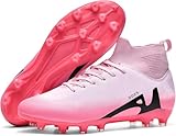 Mens Football Shoes Spike High Top Football Boots Youth Outdoor Turf Trainers Cleats Soccer Shoes Cleats Boys Professional Athletic Sneaker (Pink-2-T, 6.5UK)
