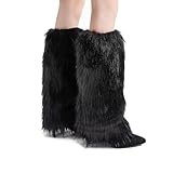 Golden Apple Faux Fur Fluffy Women Leg Warmers Shaggy Knee High Stockings Gyaru Punk Fuzzy Furry Y2K Boots Cuff Covers (Black, 40cm)