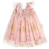 ABOHU Baby Girl Tulle Dress Toddler Baby Girl Summer Butterfly Wings Dress Infant Tulle Flower Dresses Embroidery Floral Sleeveless Wedding Party Birthday Princess Clothes for Girls 1-5 Years Pink