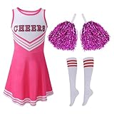 Hovershoes Girl Cheerleader Costume with Cheerleader Pom Poms and Socks, Kids Cheerleading Uniform Outfit School Musical Child Cheer Costume Carnival Halloween Fancy Dress
