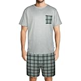 DiULi Mens Short Pajama Set, Crew Neck Top and Shorts, Classic Plaid Sleepwear, Men's Summer Loungewear, Soft Two Piece Pajamas with Pockets, Grey Plaid(L)