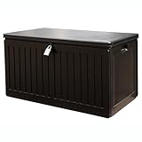 Olsen & Smith 270L Outdoor Storage Box with Padlock – Durable Sit-On Garden Chest, Weatherproof Plastic Shed Seat, Lockable Wood Effect Design for Patio, Deck, and Garage (Black)