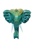 My Family House Elephant Wall Mask - Green Gold Hanging Wooden Hand Carved Art Fair Trade Hand Painted Animal African Safari Masks Boho Bohemian Style Decor