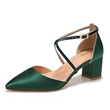 Elivandon J1586 Women's Satin Pointed Toe Mid-Heel Evening Sandals 2.36 inches Block Heel Bridal Party Wedding Pumps with Long Strap Colour Dark Green,Size 8 UK/42 EU