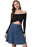 Allegra K Women's High Waisted A-Line Flared Casual Denim Skirt Dark Blue L