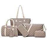 JZ Retro Luxery Women Ladies 6 Pcs Handbag Set large capacity Handle Bag,Handbag, Crossbody Bag, Totes bag, women's Shoulder bag,Wallet Purse Wrist bag key case - Beige